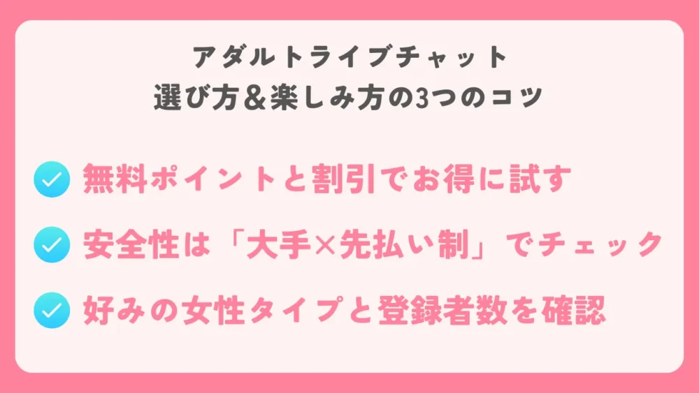 アダルトライブチャットを安全・お得に楽しむための3つのコツを紹介したアイキャッチ画像